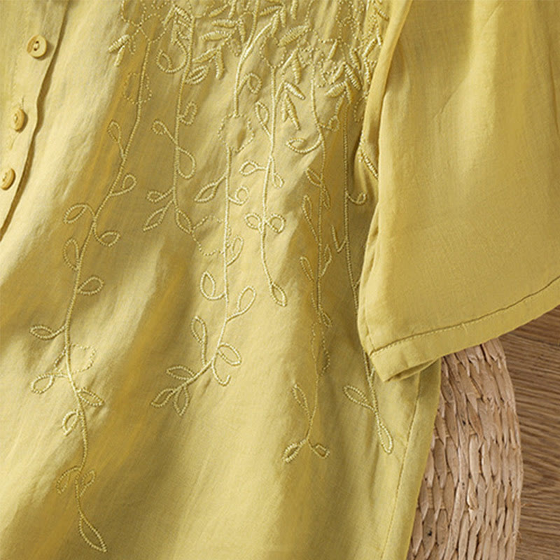 Buddha Stones Embroiderd Front Button Stand Collar Design Women's Cotton Short Sleeve Shirt
