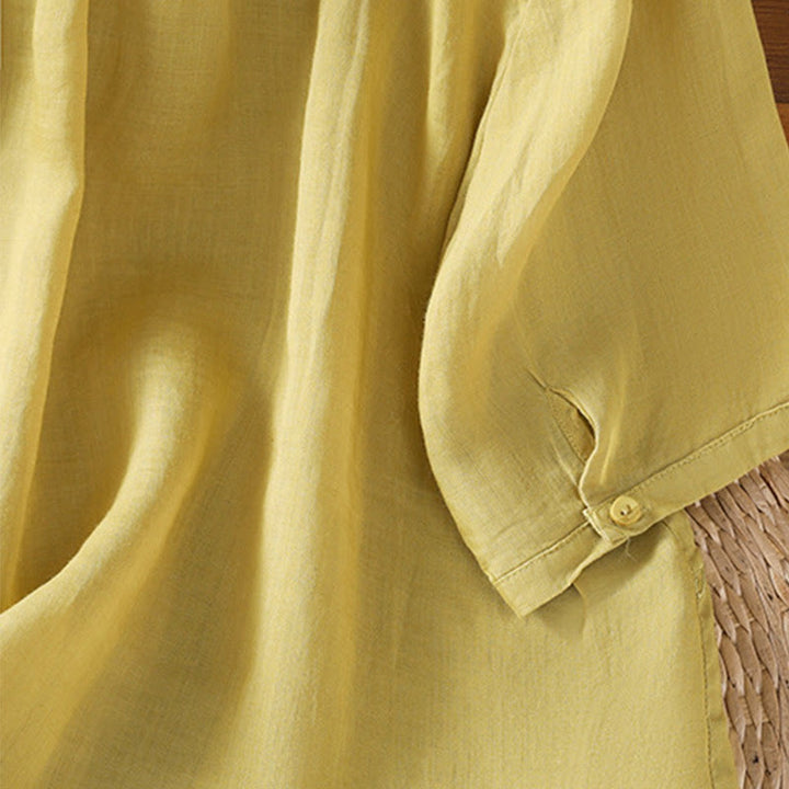 Buddha Stones Embroidered Front Button Stand Collar Design Women's Cotton Short Sleeve Shirt - image 38