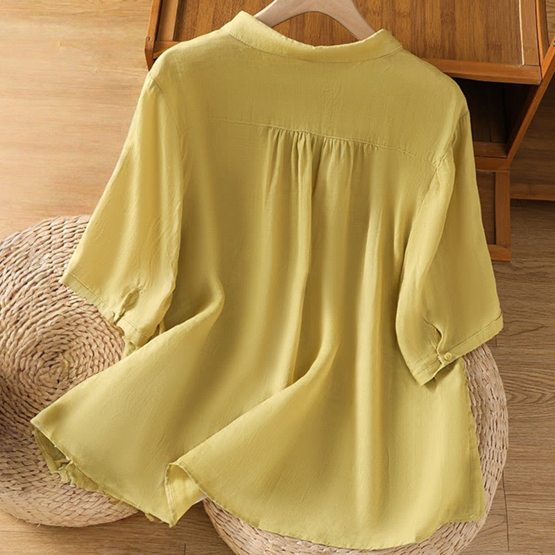 Buddha Stones Embroiderd Front Button Stand Collar Design Women's Cotton Short Sleeve Shirt