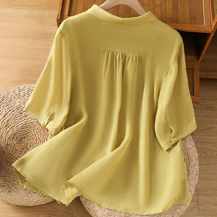 Buddha Stones Embroiderd Front Button Stand Collar Design Women's Cotton Short Sleeve Shirt