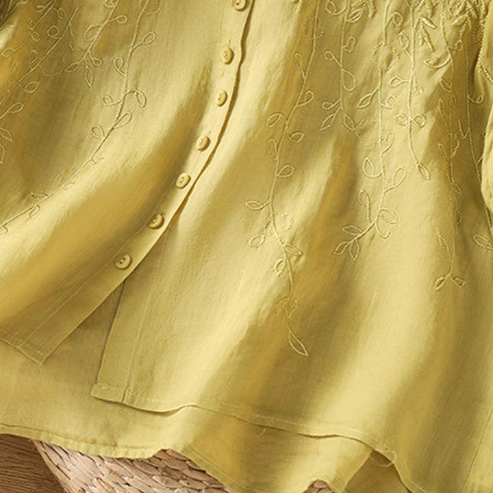 Buddha Stones Embroidered Front Button Stand Collar Design Women's Cotton Short Sleeve Shirt - image 36