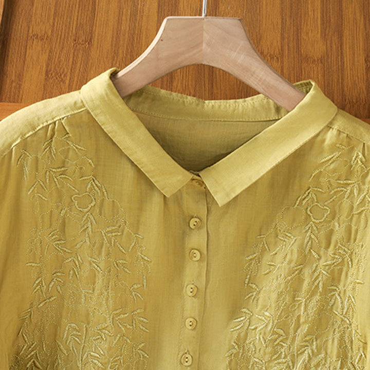 Buddha Stones Embroiderd Front Button Stand Collar Design Women's Cotton Short Sleeve Shirt