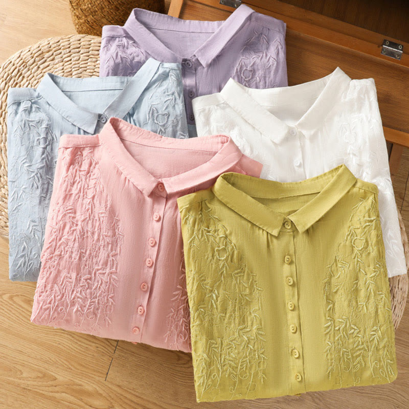 Buddha Stones Embroiderd Front Button Stand Collar Design Women's Cotton Short Sleeve Shirt