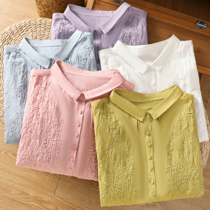 Buddha Stones Embroiderd Front Button Stand Collar Design Women's Cotton Short Sleeve Shirt