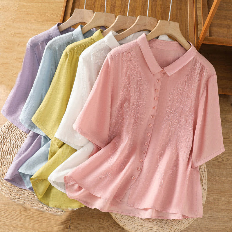 Buddha Stones Embroiderd Front Button Stand Collar Design Women's Cotton Short Sleeve Shirt
