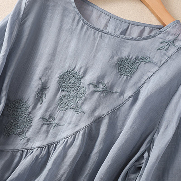 Buddha Stones Embroiderd Flower Crew Neck Design Women's Cotton Linen Half Sleeve Shirt