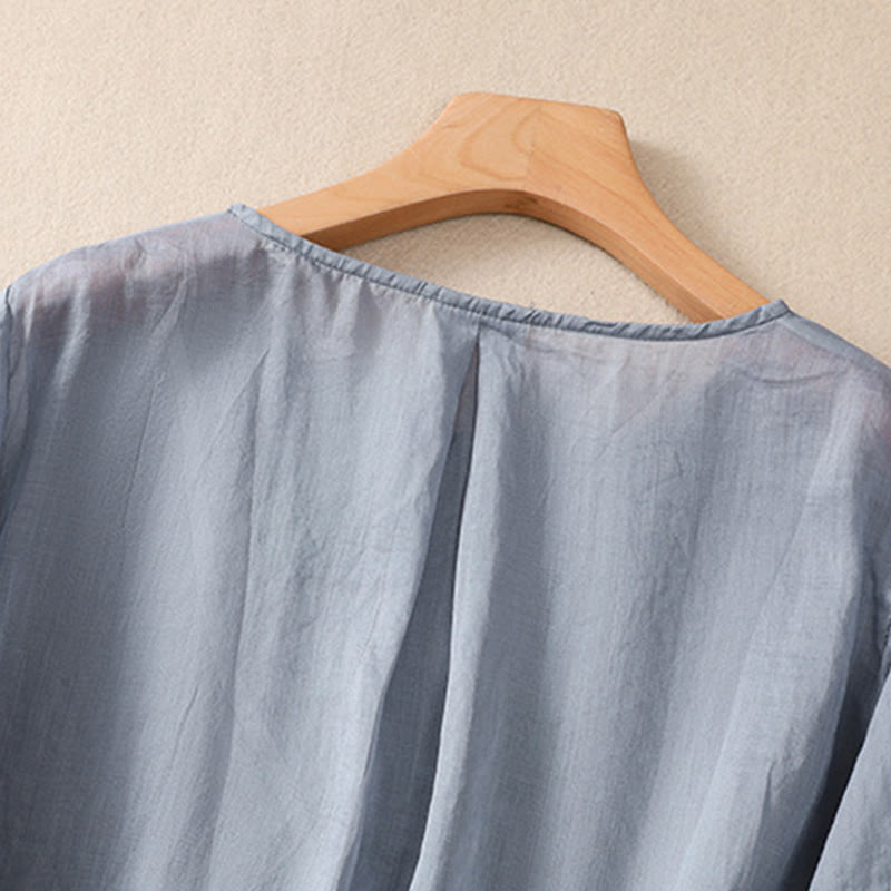 Buddha Stones Embroiderd Flower Crew Neck Design Women's Cotton Linen Half Sleeve Shirt  - image 3