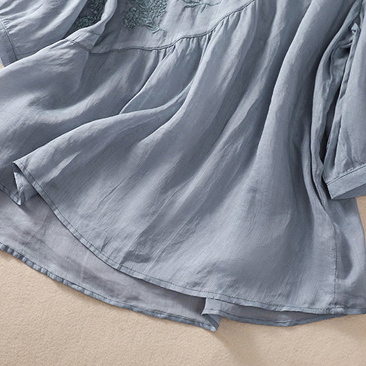 Buddha Stones Embroiderd Flower Crew Neck Design Women's Cotton Linen Half Sleeve Shirt