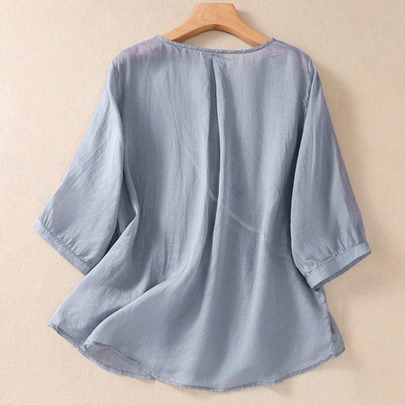 Buddha Stones Embroiderd Flower Crew Neck Design Women's Cotton Linen Half Sleeve Shirt