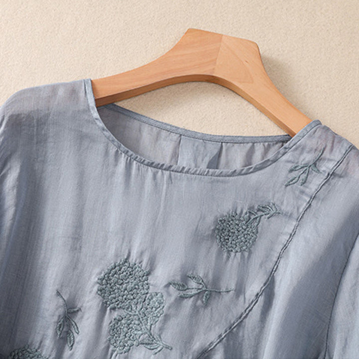 Buddha Stones Embroiderd Flower Crew Neck Design Women's Cotton Linen Half Sleeve Shirt