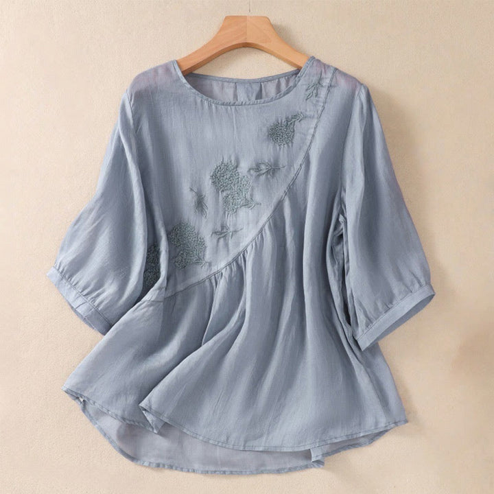 Buddha Stones Embroiderd Flower Crew Neck Design Women's Cotton Linen Half Sleeve Shirt  - CornflowerBlue - US8-10，UK/AU12-14，EU40-42 (2XL) - image 0
