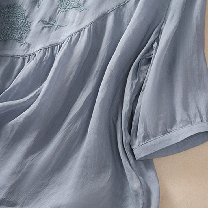 Buddha Stones Embroidered Flower Crew Neck Design Women's Cotton Linen Half Sleeve Shirt - image 5