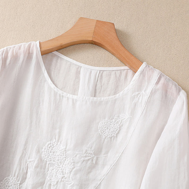 Buddha Stones Embroiderd Flower Crew Neck Design Women's Cotton Linen Half Sleeve Shirt