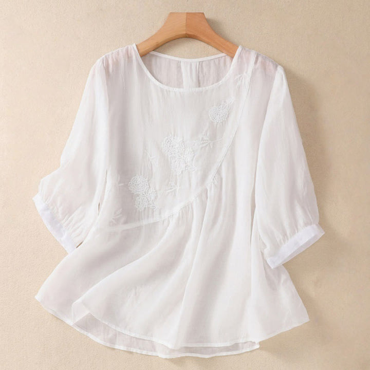 Buddha Stones Embroiderd Flower Crew Neck Design Women's Cotton Linen Half Sleeve Shirt