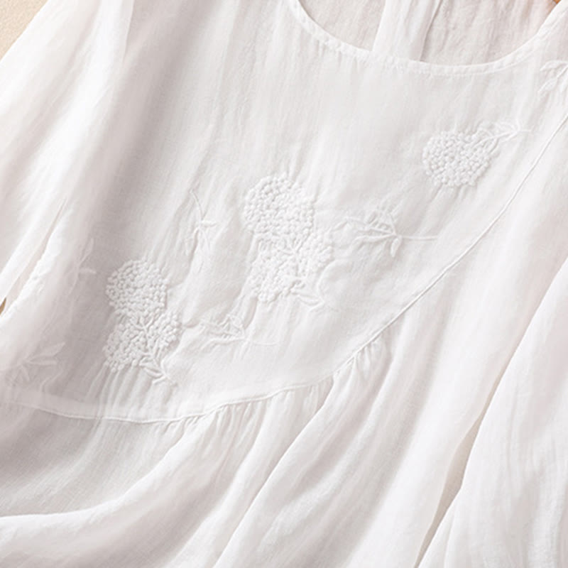Buddha Stones Embroiderd Flower Crew Neck Design Women's Cotton Linen Half Sleeve Shirt