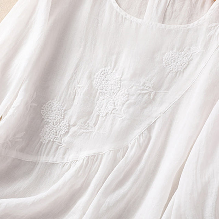 Buddha Stones Embroiderd Flower Crew Neck Design Women's Cotton Linen Half Sleeve Shirt