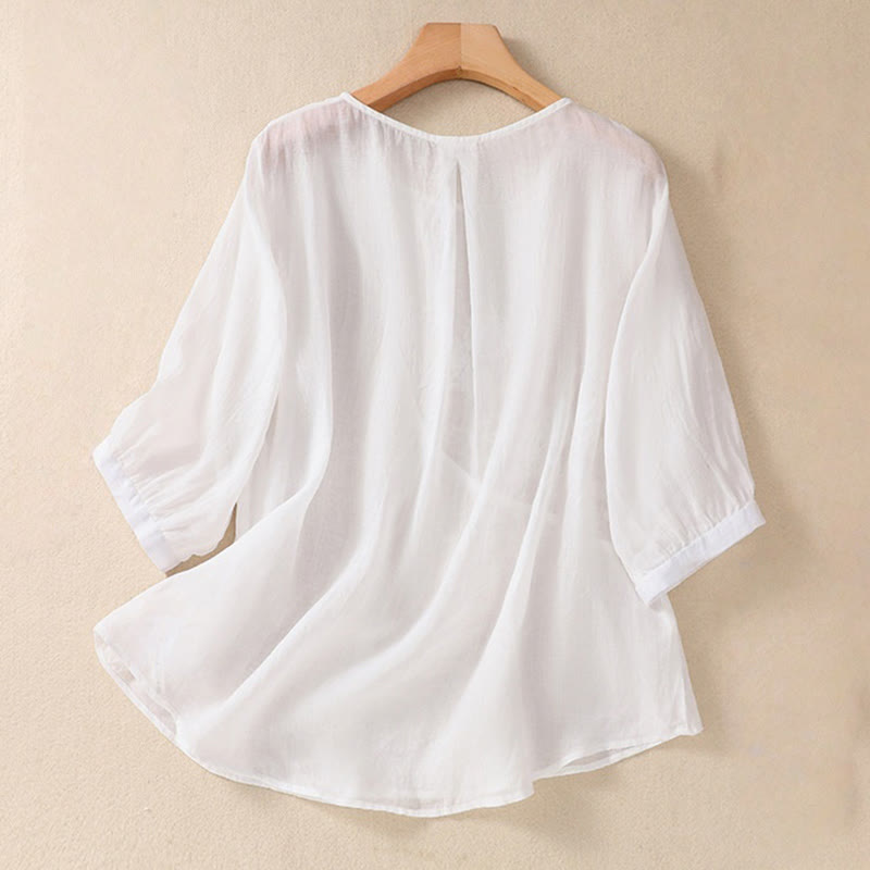 Buddha Stones Embroiderd Flower Crew Neck Design Women's Cotton Linen Half Sleeve Shirt