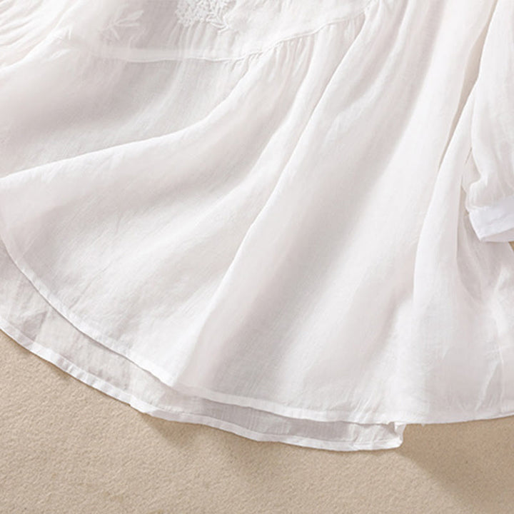 Buddha Stones Embroiderd Flower Crew Neck Design Women's Cotton Linen Half Sleeve Shirt  - image 12