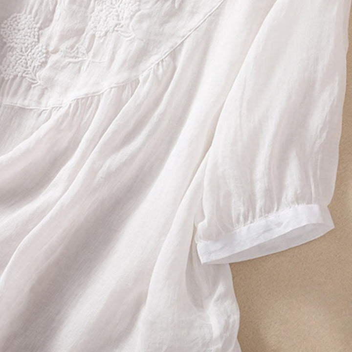 Buddha Stones Embroiderd Flower Crew Neck Design Women's Cotton Linen Half Sleeve Shirt