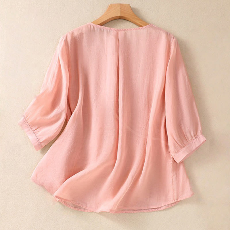 Buddha Stones Embroiderd Flower Crew Neck Design Women's Cotton Linen Half Sleeve Shirt