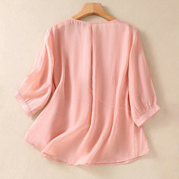 Buddha Stones Embroiderd Flower Crew Neck Design Women's Cotton Linen Half Sleeve Shirt