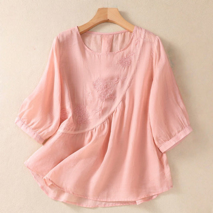 Buddha Stones Embroiderd Flower Crew Neck Design Women's Cotton Linen Half Sleeve Shirt