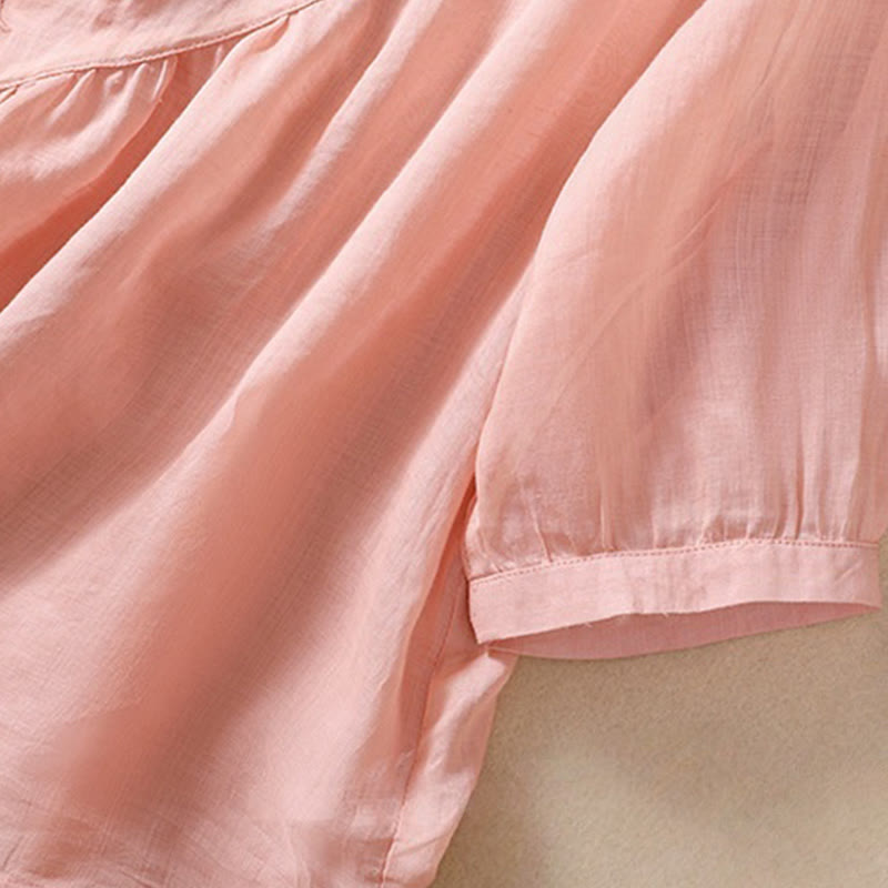 Buddha Stones Embroidered Flower Crew Neck Design Women's Cotton Linen Half Sleeve Shirt - image 21