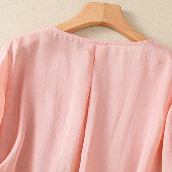 Buddha Stones Embroiderd Flower Crew Neck Design Women's Cotton Linen Half Sleeve Shirt  - image 17