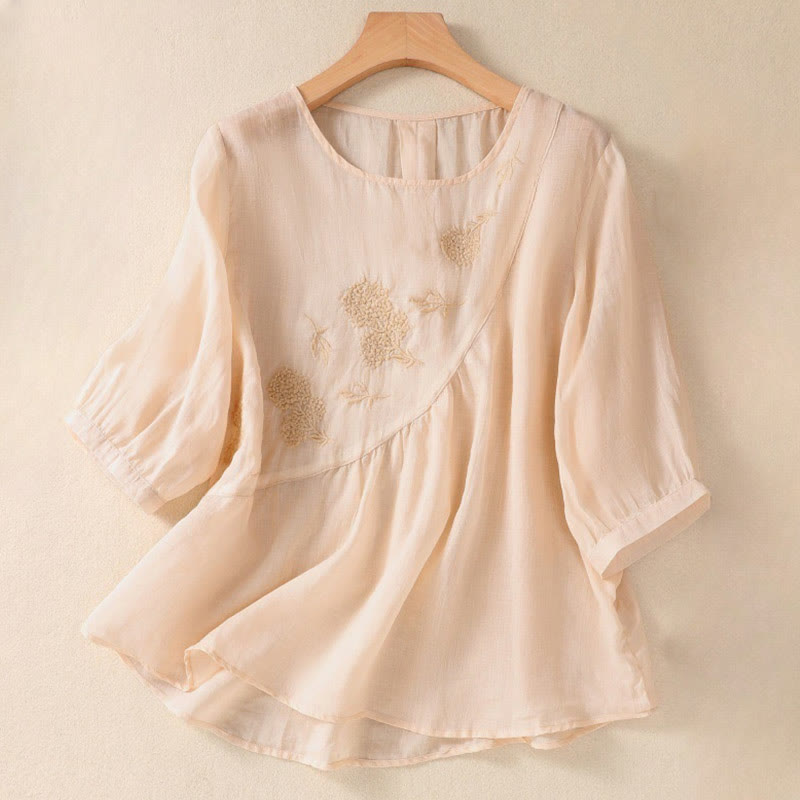 Buddha Stones Embroiderd Flower Crew Neck Design Women's Cotton Linen Half Sleeve Shirt