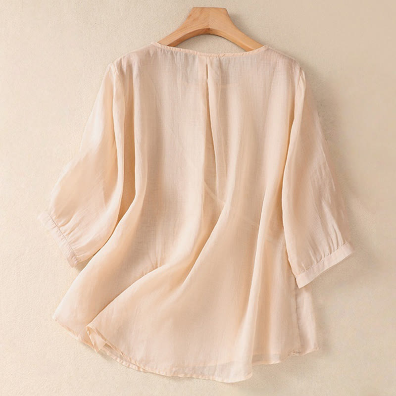Buddha Stones Embroiderd Flower Crew Neck Design Women's Cotton Linen Half Sleeve Shirt