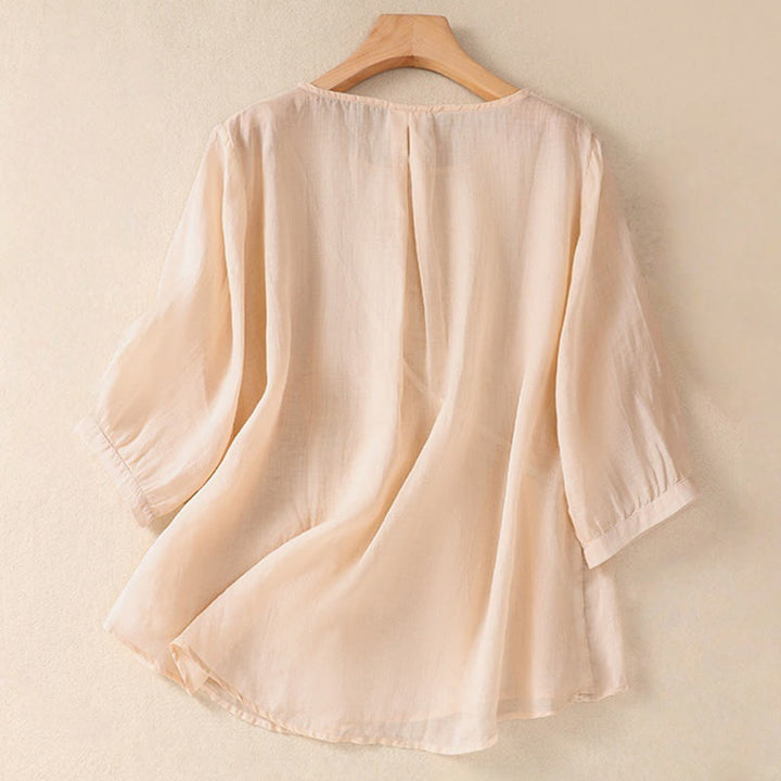 Buddha Stones Embroiderd Flower Crew Neck Design Women's Cotton Linen Half Sleeve Shirt