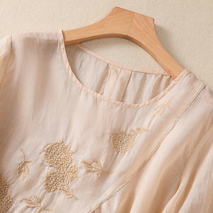 Buddha Stones Embroiderd Flower Crew Neck Design Women's Cotton Linen Half Sleeve Shirt