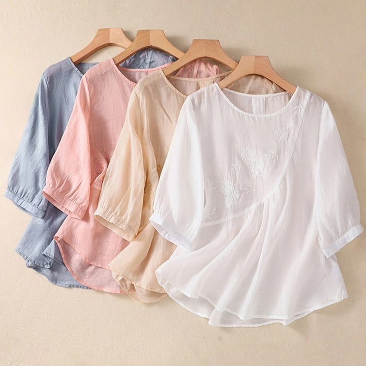 Buddha Stones Embroiderd Flower Crew Neck Design Women's Cotton Linen Half Sleeve Shirt