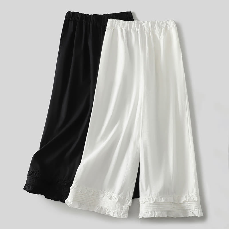 Buddha Stones Artistic Commute Pure Color Ruffled Hem Design Women's Cotton Linen Pants With Pockets - image 13