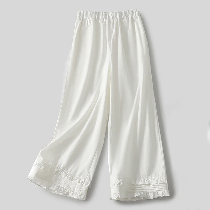 Buddha Stones Artistic Commute Pure Color Ruffled Hem Design Women's Cotton Linen Pants With Pockets - White - US12，UK/AU16，EU44 (2XL) - image 0