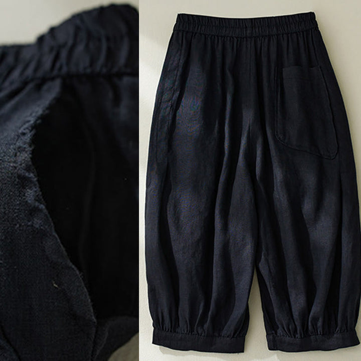 Buddha Stones Commute Pure Color High Waist Women's Cotton Linen Harem Cropped Pants With Pockets - image 22