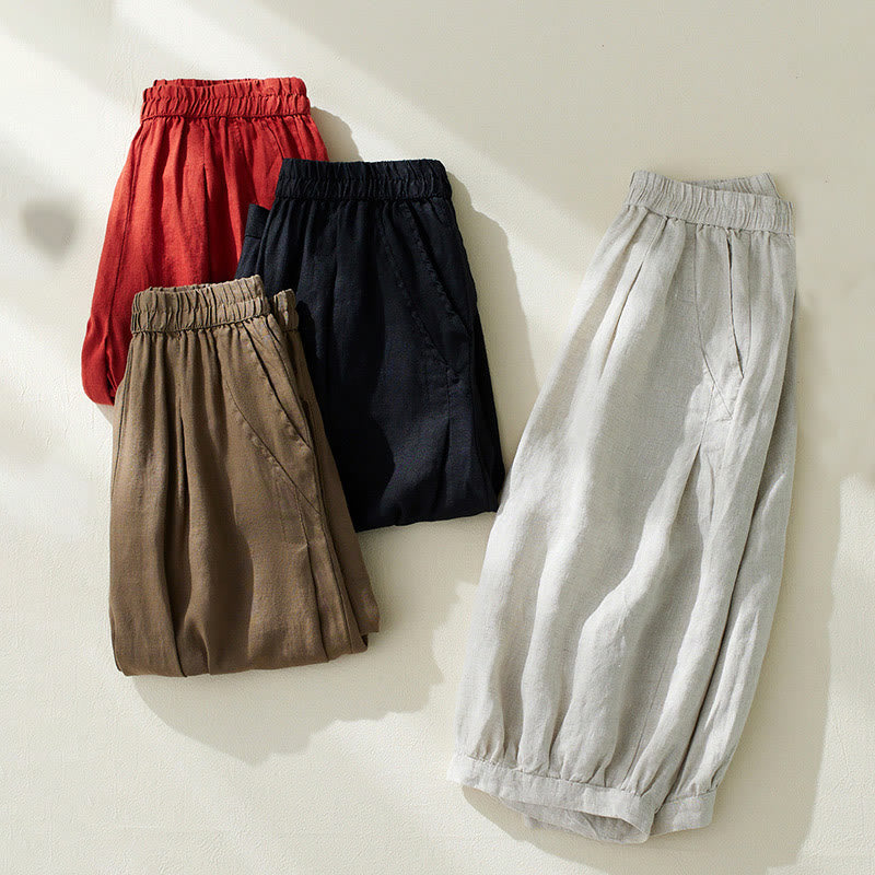 Buddha Stones Commute Pure Color High Waist Women's Cotton Linen Harem Cropped Pants With Pockets - image 23