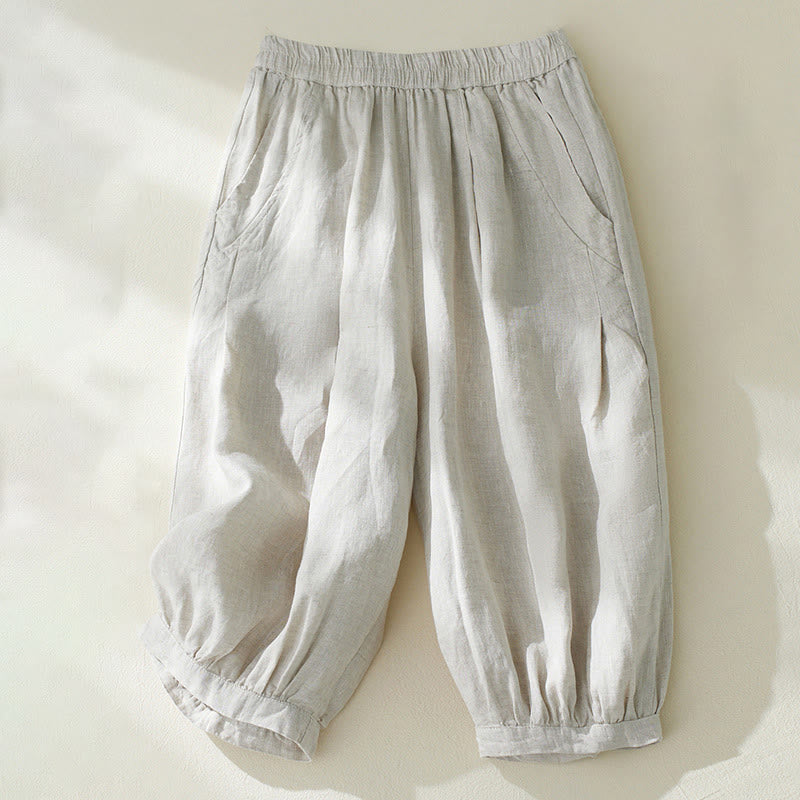 Buddha Stones Commute Pure Color High Waist Women's Cotton Linen Harem Cropped Pants With Pockets - Linen - US8-10，UK/AU12-14，EU40-42 (2XL) - image 8