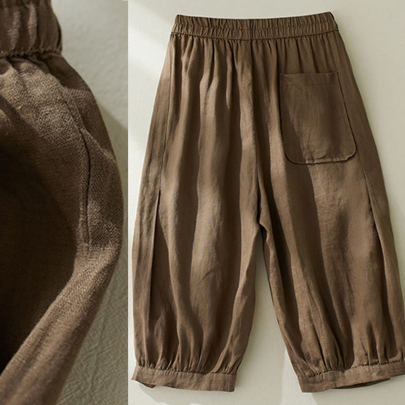 Buddha Stones Commute Pure Color High Waist Women's Cotton Linen Harem Cropped Pants With Pockets - image 6