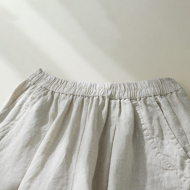 Buddha Stones Commute Pure Color High Waist Women's Cotton Linen Harem Cropped Pants With Pockets - image 9