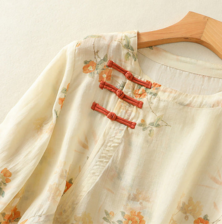 Buddha Stones Plant Printed Crew Neck Frog Button Design Women's Polyester Three Quarter Sleeve Shirt - image 2