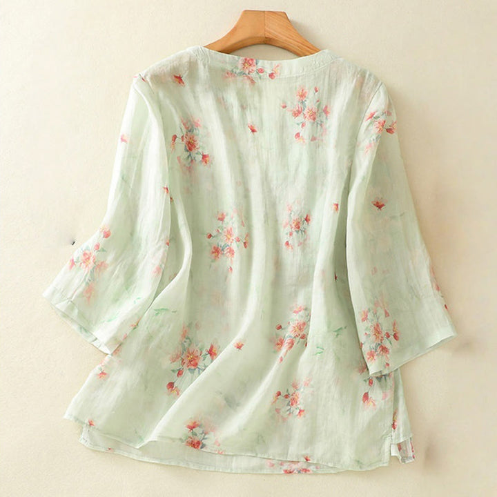 Buddha Stones Plant Printed Crew Neck Frog Button Design Women's Polyester Three Quarter Sleeve Shirt - image 18