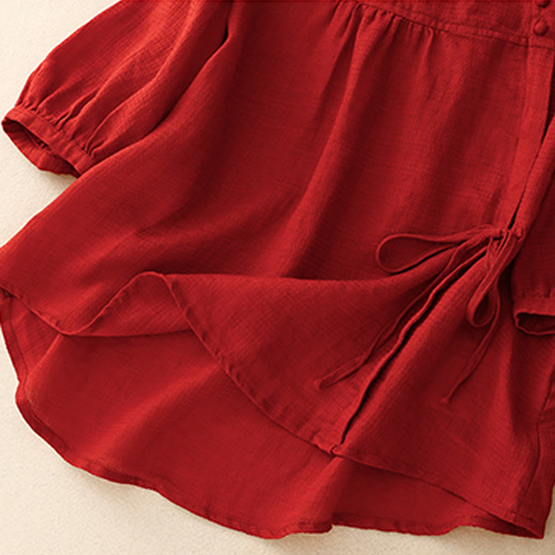 Buddha Stones Lace-up Buttons Design Women's Cotton Linen Three Quarter Sleeve Shirt - image 16