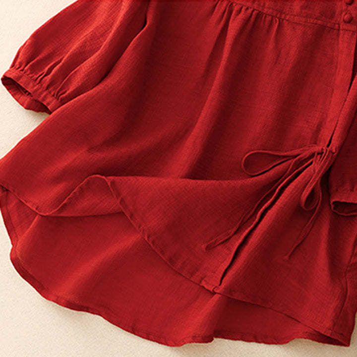 Buddha Stones Lace-up Buttons Design Women's Cotton Linen Three Quarter Sleeve Shirt - image 16