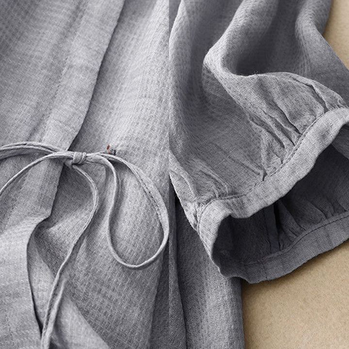 Buddha Stones Lace-up Buttons Design Women's Cotton Linen Three Quarter Sleeve Shirt - image 3