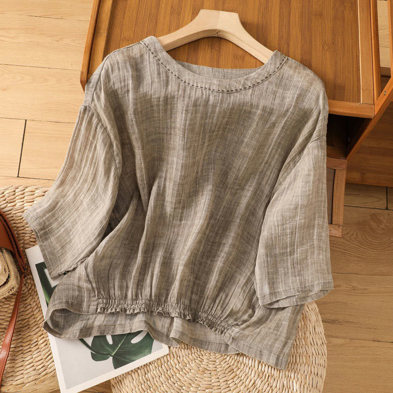 Buddha Stones Casual Summer Plain Crew Neck Women's  Cotton Linen Three Quarter Sleeve T-Shirt - Tan - US14，UK/AU18，EU46 (2XL) - image 16