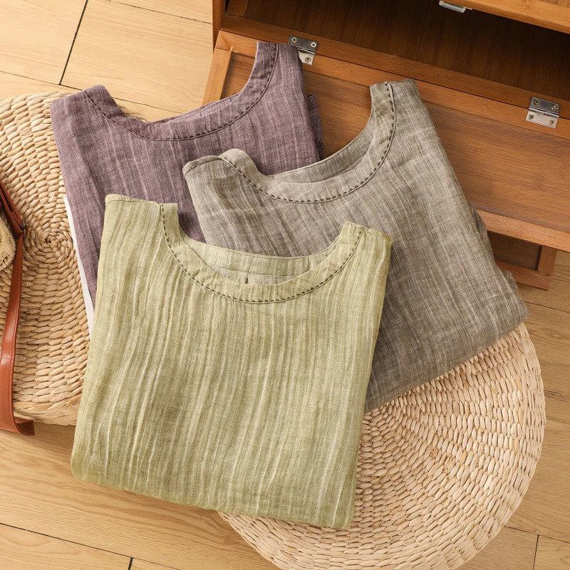 Buddha Stones Casual Summer Plain Crew Neck Women's  Cotton Linen Three Quarter Sleeve T-Shirt - image 29