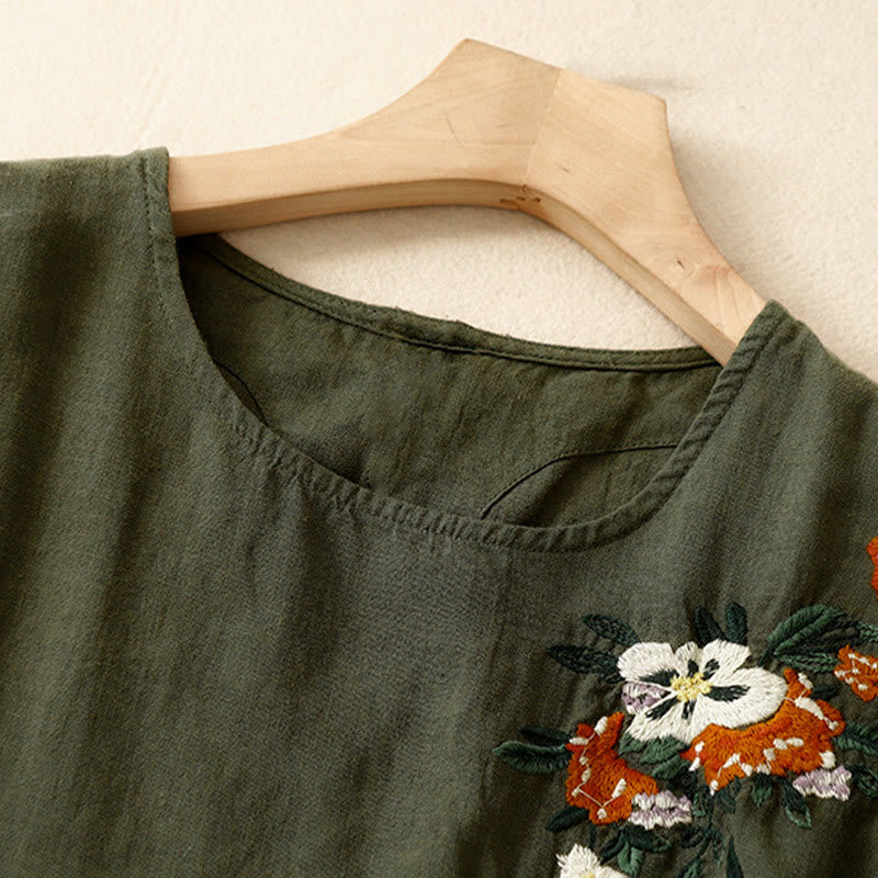 Buddha Stones Casual Summer Embroidered Crew Neck Women's  Cotton Short Sleeve T-shirt