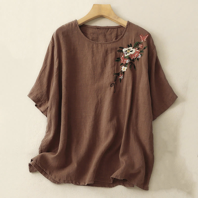 Buddha Stones Casual Summer Embroidered Crew Neck Women's  Cotton Short Sleeve T-shirt