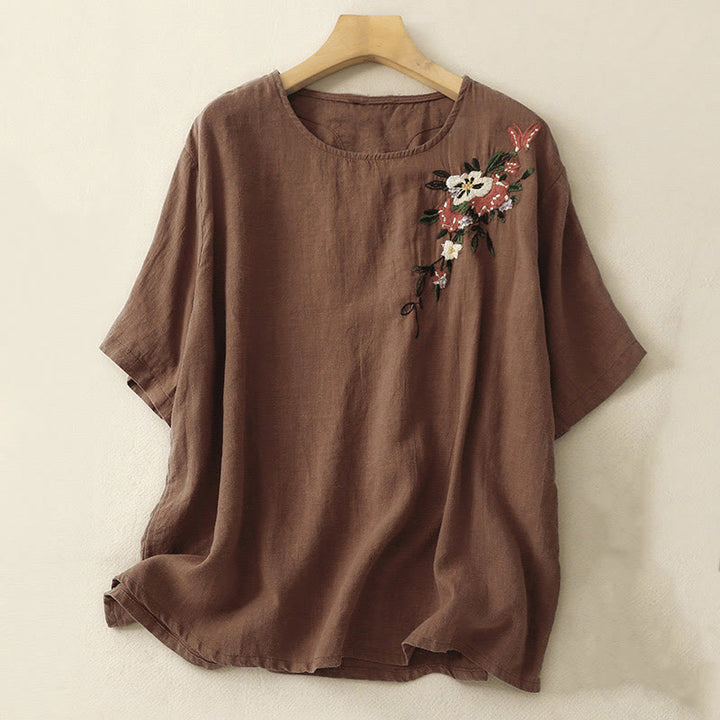 Buddha Stones Casual Summer Embroidered Crew Neck Women's  Cotton Short Sleeve T-shirt